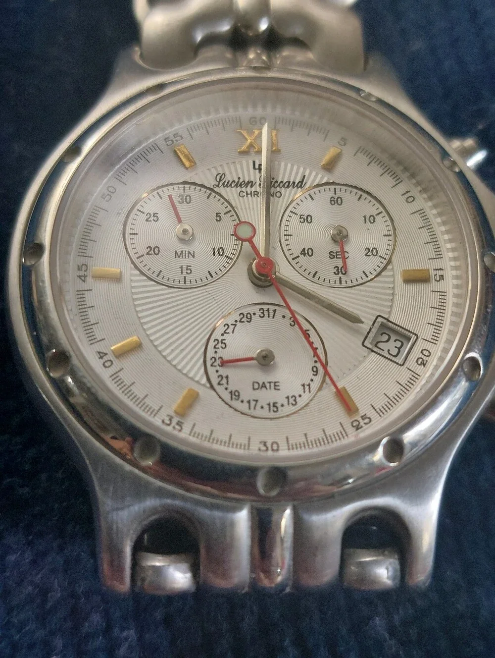 Vintage Lucien Piccard Chronograph Watch Silver Gold Tone White Dial - Needs Bat
